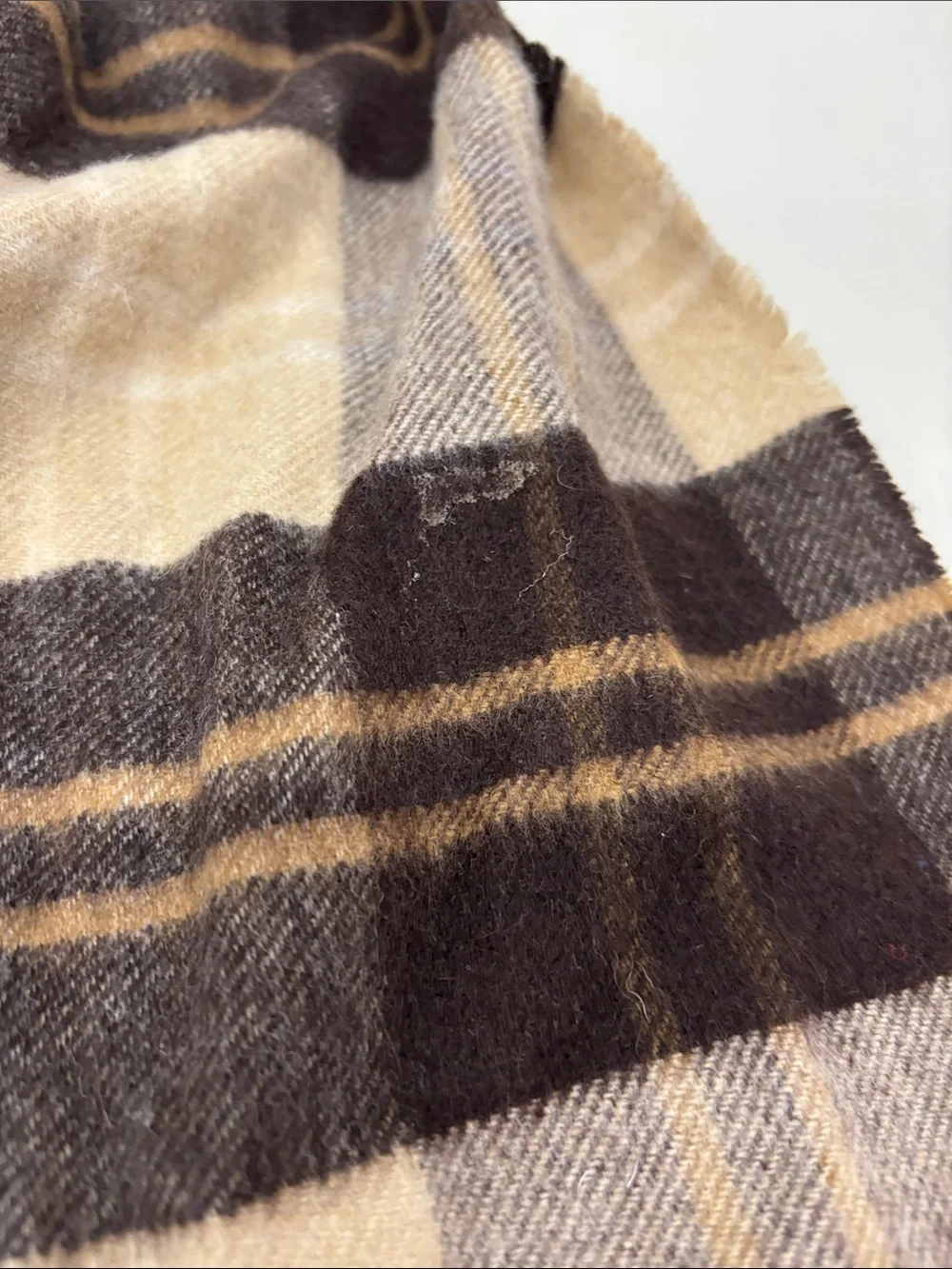 Johnstons of Elgin Cashmere Brown, Beige, and Gray Plaid Fringe Scarf